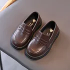 Кожаные туфли в британском стиле для девочек и мальчиков, черные студенческие туфли на плоской подошве, для начинающих ходить детей, E553, весна-осень