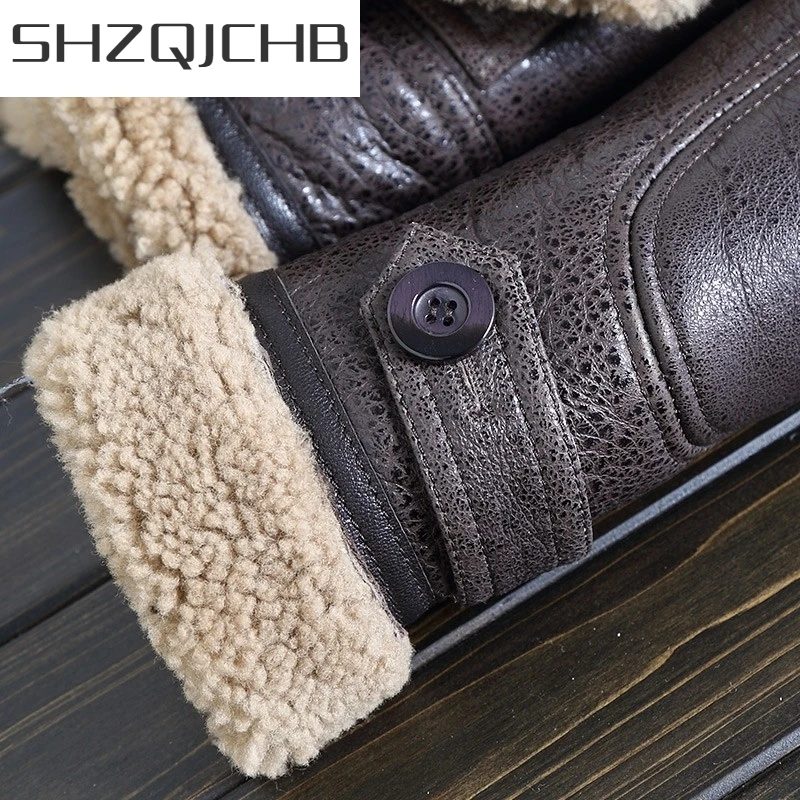 

JCHB 2021 Winter Mens Natural Wool Lining Overcoat Thick Warm Shearling Coat Luxury Fur Male Slim Pilot Sheepskin Genuine Leathe