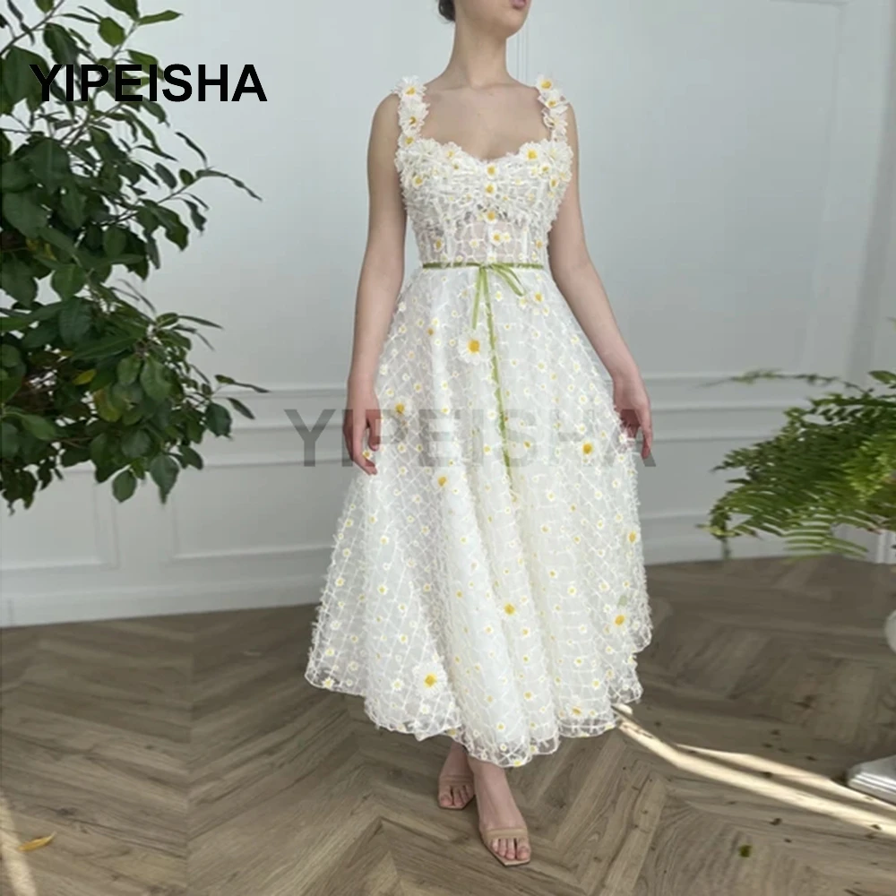 

2021 Elegant Prom Dresses With Embroidered 3D Daisies Sweetheart Spaghetti Strap Tea-Length Party Gown
