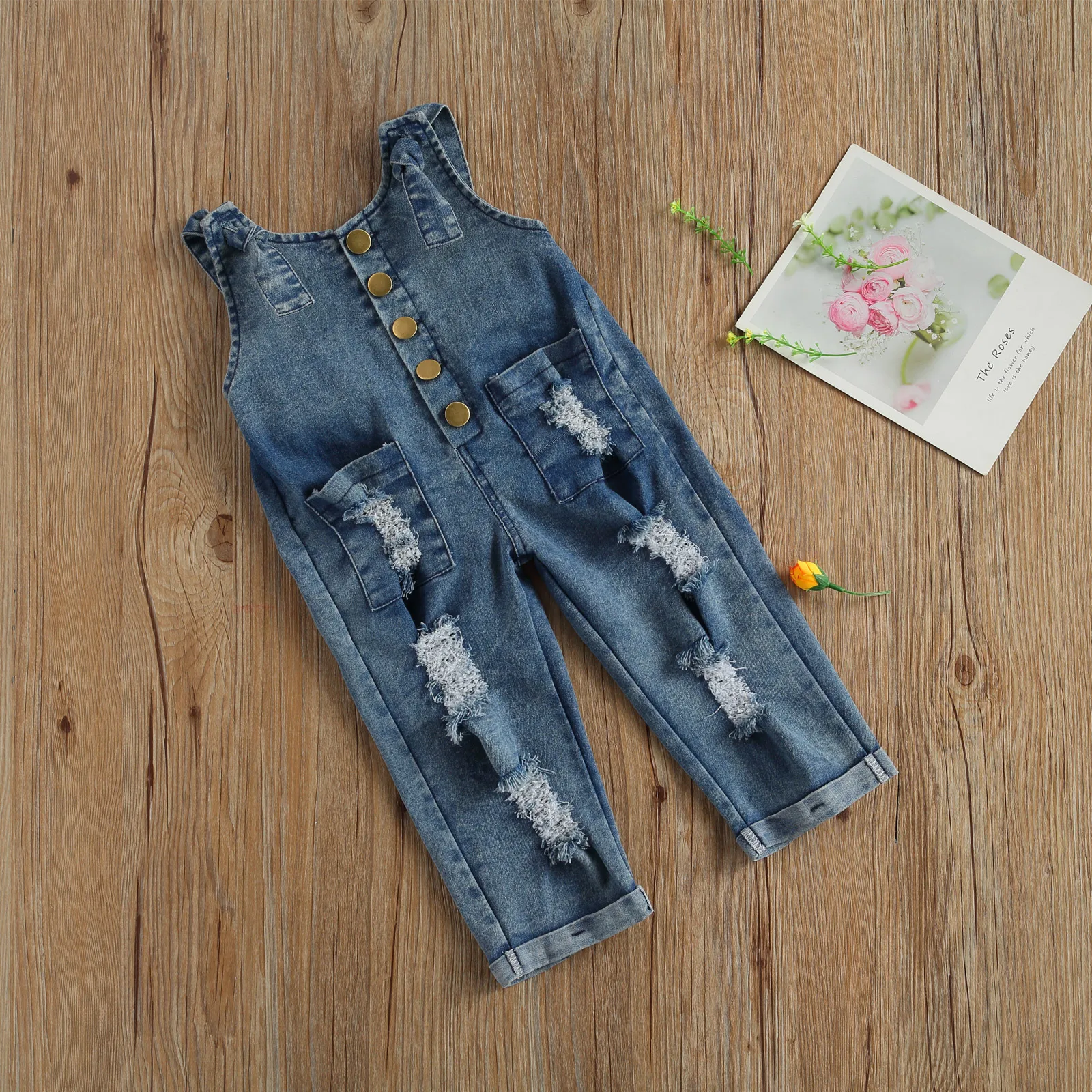 

OPPERIAYA Baby Girls Childrens Summer Wide Shoulder Strap One Piece Romper with Two Pocket Old Fashioned Hole Jumpsuit Jeans