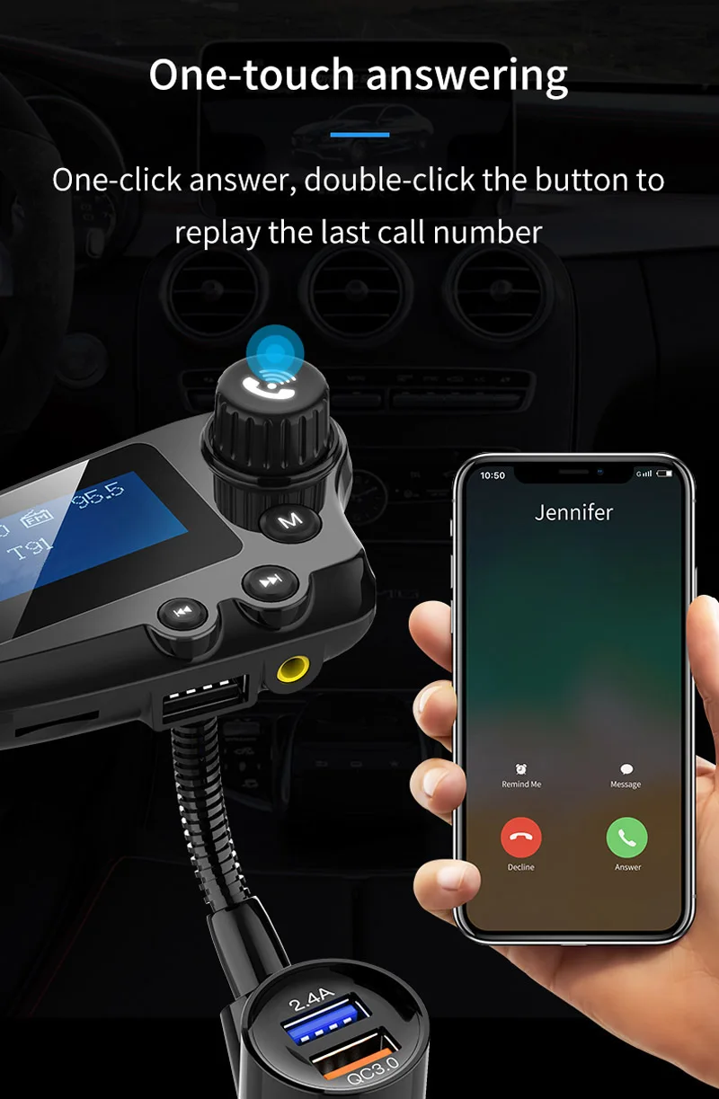 JaJaBor FM передатчик Bluetooth 5,0 автомобильный комплект громкой связи вызова AUX стерео A2DP большой экран дисплей QC3.0 Быстрая зарядка