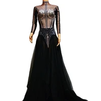 nightclub dance show wear rhinestones plaid printing black mesh gauze dresses backless floor length dress stage outfit women