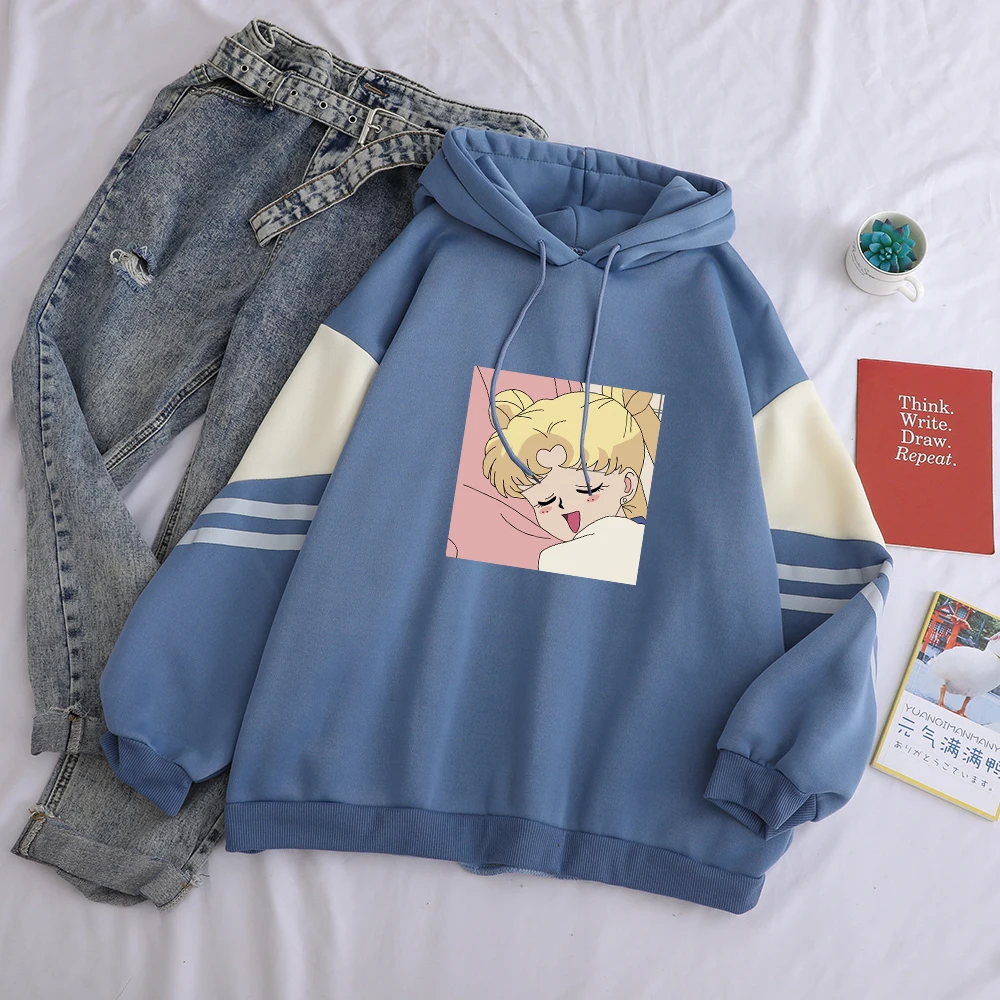 

Sailor Moon Printed Hoodies Autumn Winter Fleece Caual Harajuku Kawaii Cartoon Sweatshirt Women Contrast Color Patchwork Clothes