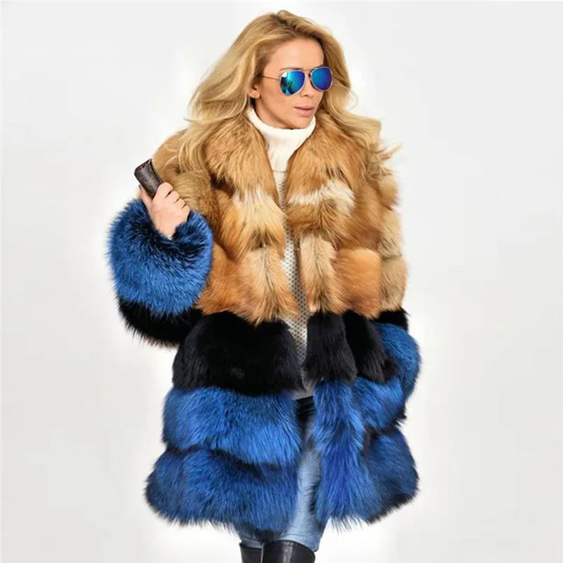 

Winter Fashion Real Fox Fur Coats for Women Outwear Thick Warm Fur Overcoats Luxury Color Patchwork Red Fox Fur Coat with Collar