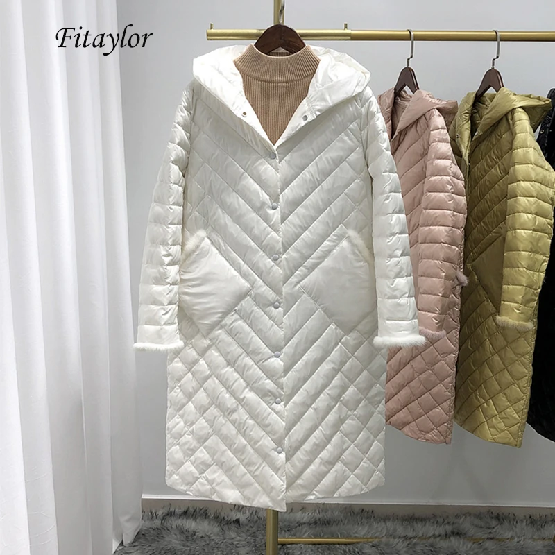 Fitaylor, зимний ультра-светильник, с капюшоном, 90% белый утиный пух, парка для женщин, пэчворк, норковая шерсть, пуховик, однобортный, свободная верхняя одежда