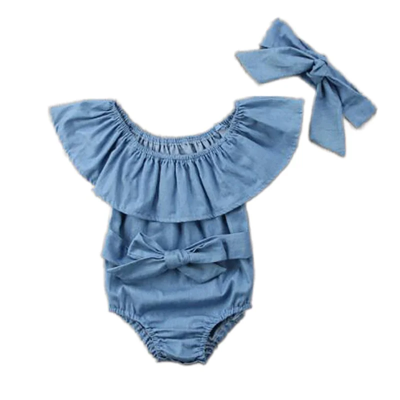 

Summer New Kids Baby Girl Triangle Romper Casual Style Lotus Leaf Collar Strapless Children's Denim Jumpsuit + Flower Head GT27