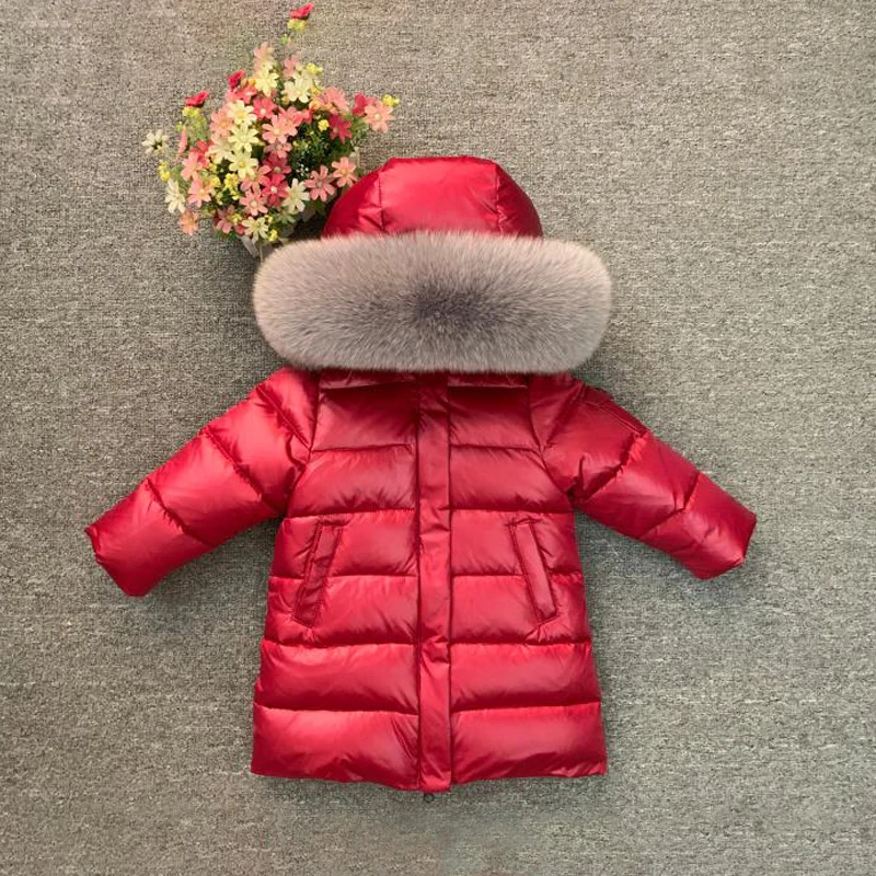 Gray Fox Wine Red Пальто с меховым капюшоном для девочек, Россия-30 зимняя теплая пуховая куртка детское длинное пальто для маленьких мальчиков ветрозащитная детская одежда Зимний комбинезон - Цвет: Gray Fox Wine Red