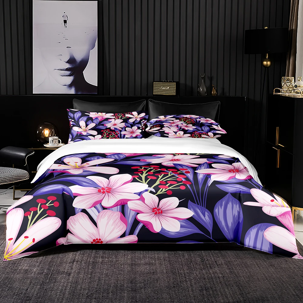 

Pastoral Style Bedding Set Queen King Size Well Made Purple Duvet Cover Pink Flowers Print Set with Pillowcase