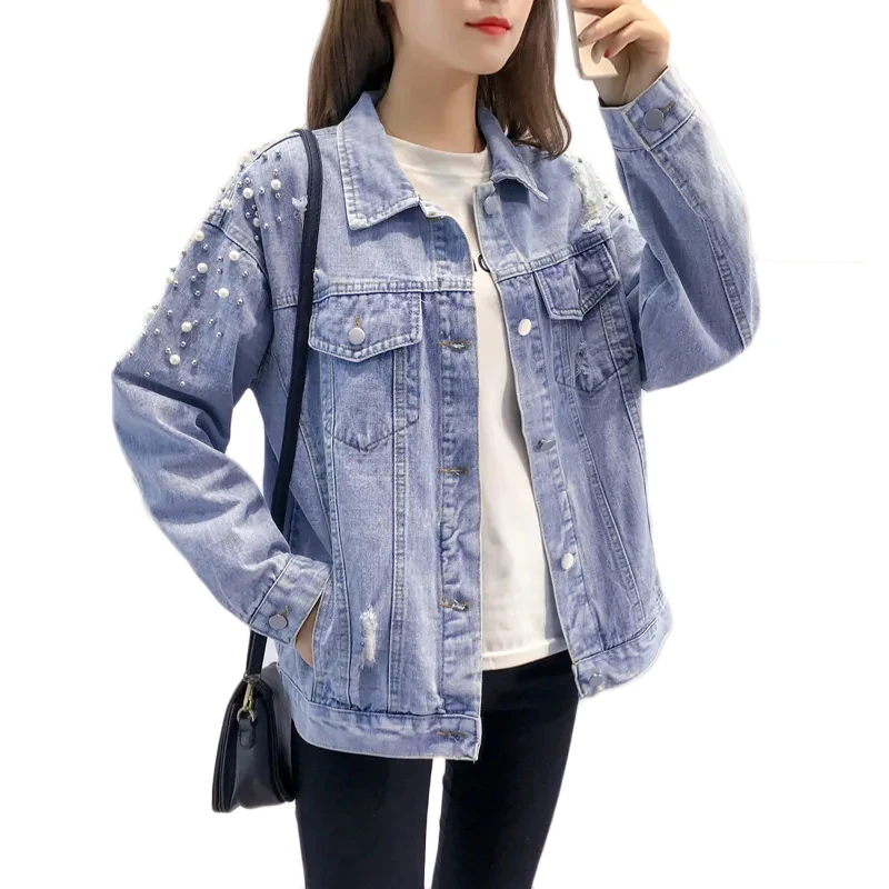 

Новая женская джинсовая куртка корейских студентов; Сезон весна-осень; С бусинами Классическая верхняя одежда размера плюс для женщин отве...