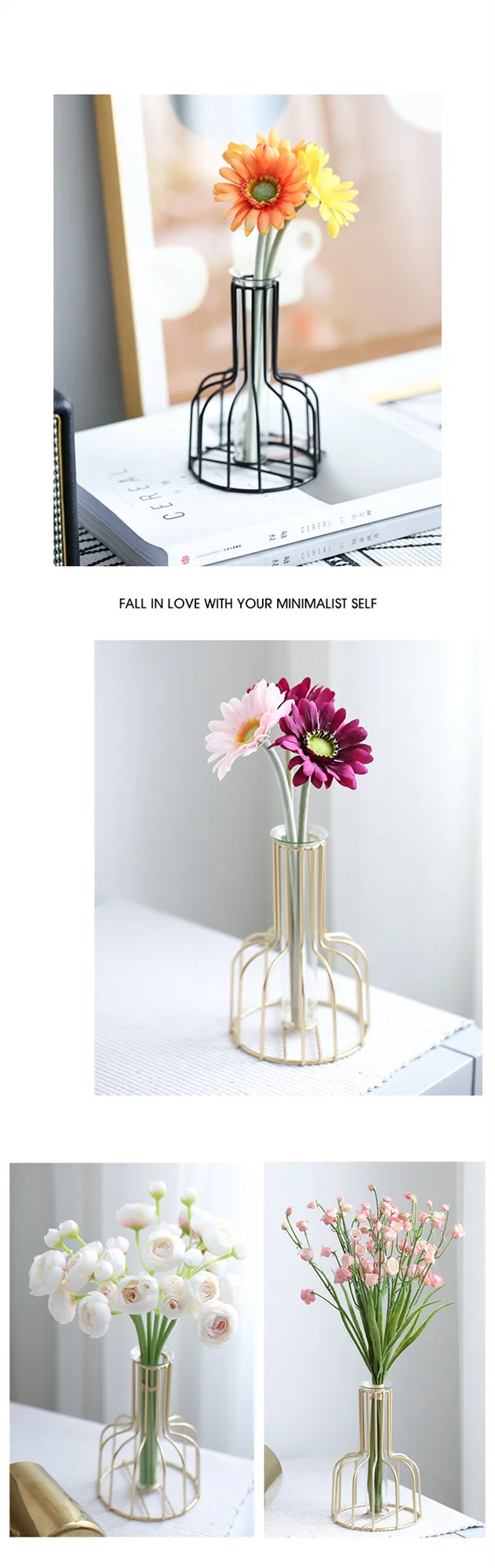 Black Lines Minimalist Abstract Iron Vase Geometric Hydroponic Vase Rack Home Decor Vase Abstract Glass Terrarium Gold Vase