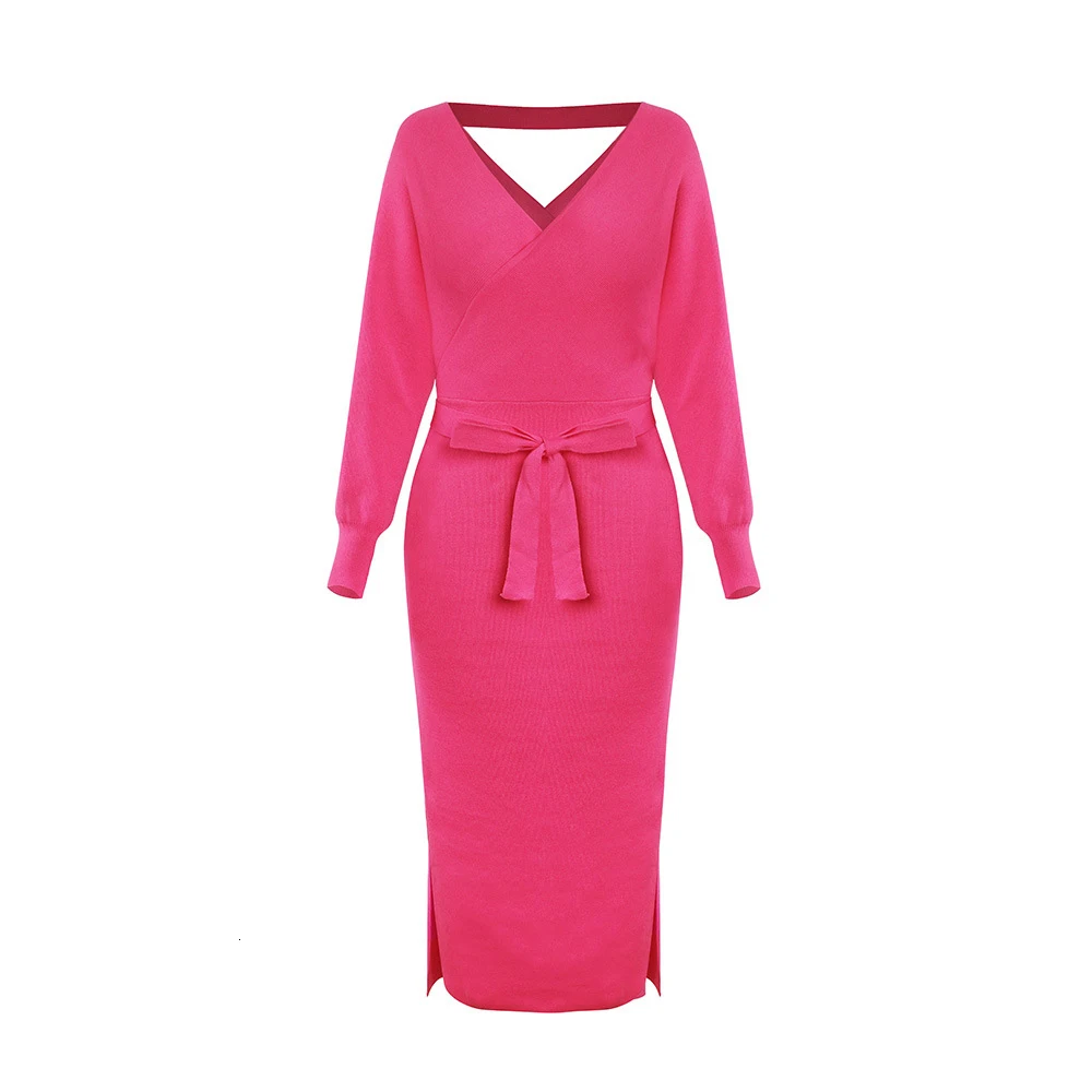 

Gentillove Autumn Winter Sexy Split Knitted Midi Dress for Women Elegant V Neck Backless Sweater Dress Bodycon Dress 2019 New