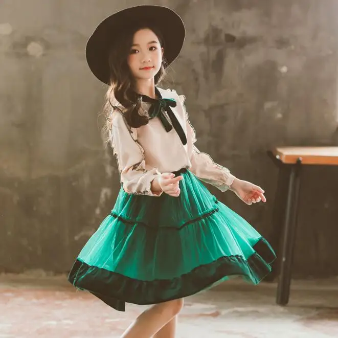 

Girls Clothes Set Spring Autumn Children Clothing Set Outfits Ruffle Long Sleeve Bow Shirt Top+Tutu Skirt Clothes Set 4 6 8 10 Y