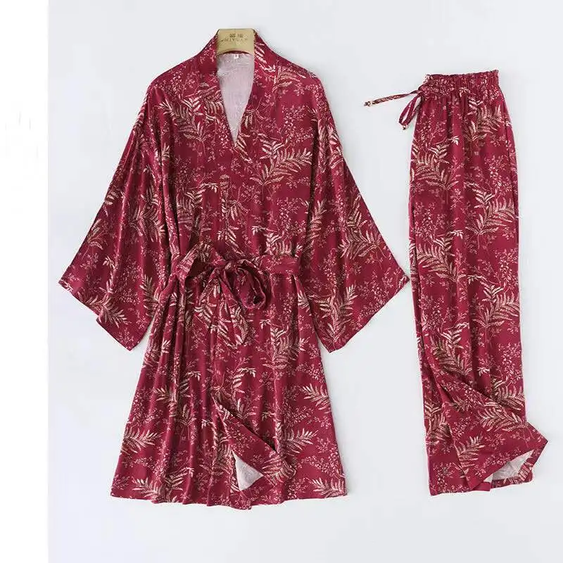 

Spring and summer new ladies pajamas long-sleeved trousers two-piece 100% viscose red leaf nightgown + pants home service suit
