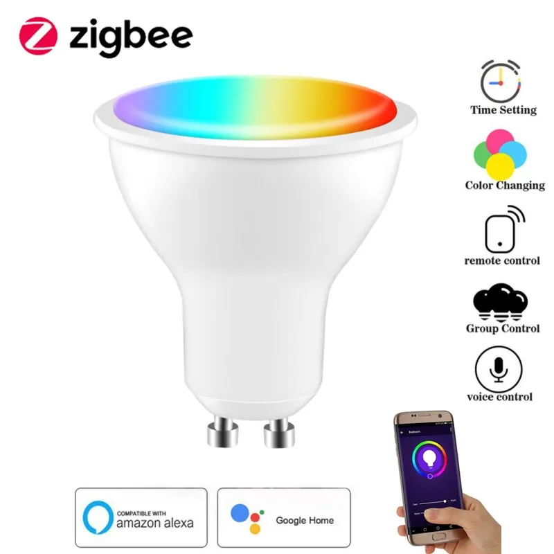 

Точечный светильник ZigBee, 4 Вт, LED-лампа с регулируемой яркостью, голосовое управление через приложение Tuya, Google
