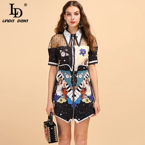 LD LINDA DELLA модный подиумный летний костюм для женщин с коротким рукавом, сетчатая рубашка и юбка с принтом персонажа, Женский комплект из двух предметов