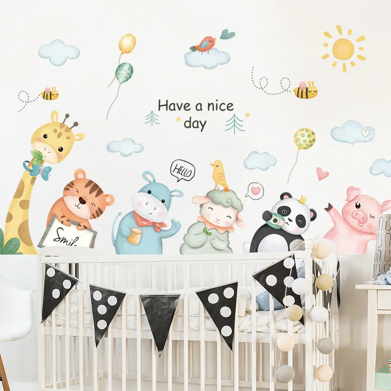 

Cartoon Animals Panda Balloon Clouds Wall Stickers Cute Home Decoration Nursery Living Room Kid Baby Bedroom Self-adhesive Vinyl