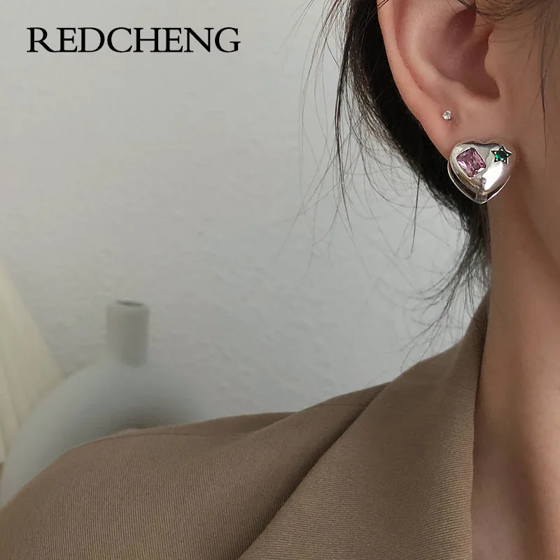 

REDCHENG 925 Stamp Square Heart Earrings for Women Personality Trendy Design Christmas Prevent Allergy Jewelry Gifts