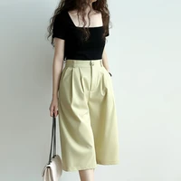 solid summer women pants wide leg loose thin calf length japanes style simple elastic high waist office ladies trousers 2021
