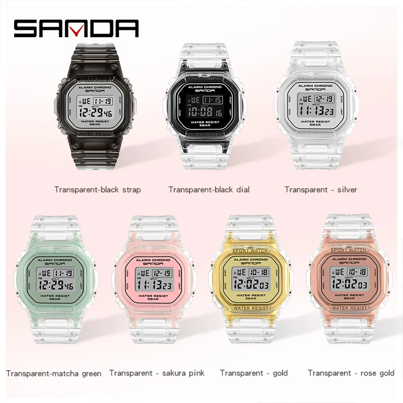 

Women Digital Watch Sanda Electronic Wristwatch Outdoor Sports Student Clock Waterproof Square Time Transparent Pink Blue Green