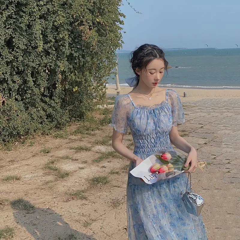 

Square Collar Elegant Lace Party Dress Women Short Sleeve Floral Beach Dress Female One Piece Dress Korean 2021 Summer Kawaii