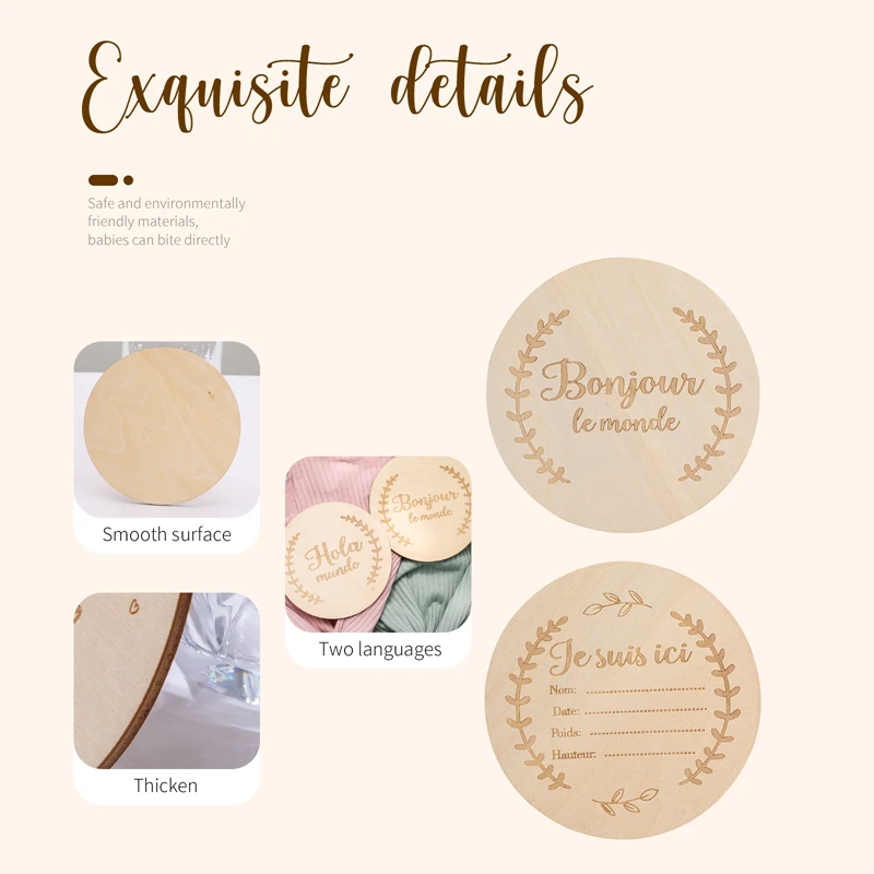 Bopoobo Baby Wooden Spanish French Milestone Card Engraved Wooden Hello World Milestone Newborn Children Photography Props Toys
