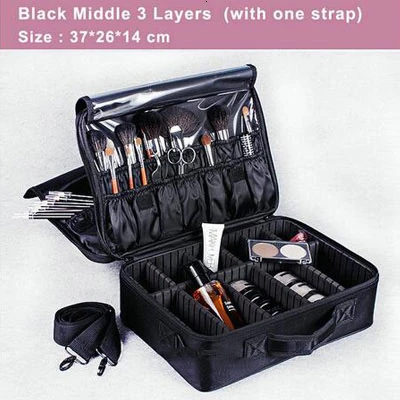 Black M 3 Layers Женская Профессиональная косметичка, большая емкость, косметички, водонепроницаемый чехол для хранения, функциональный, для путешествий, многослойный органайзер для макияжа - Цвет: Black M 3 Layers