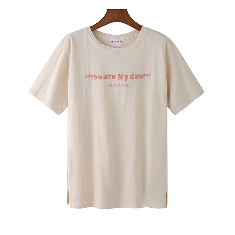 

Japan Style Korean Fashion T-Shirt 2021 Spring Summer Loose Casual Simple Letter Patch Embroidery Solid Color Round Neck