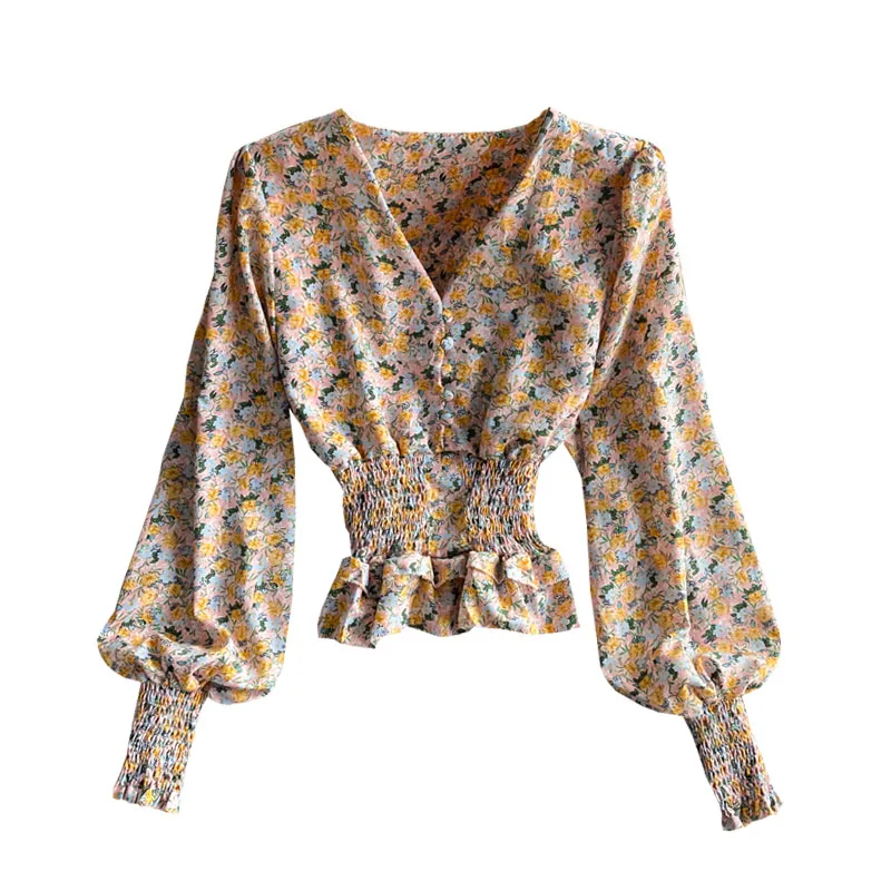 

Foreign style waist down short top 2021 spring new sweet temperament lotus leaf swing V-neck Floral Chiffon Blouse