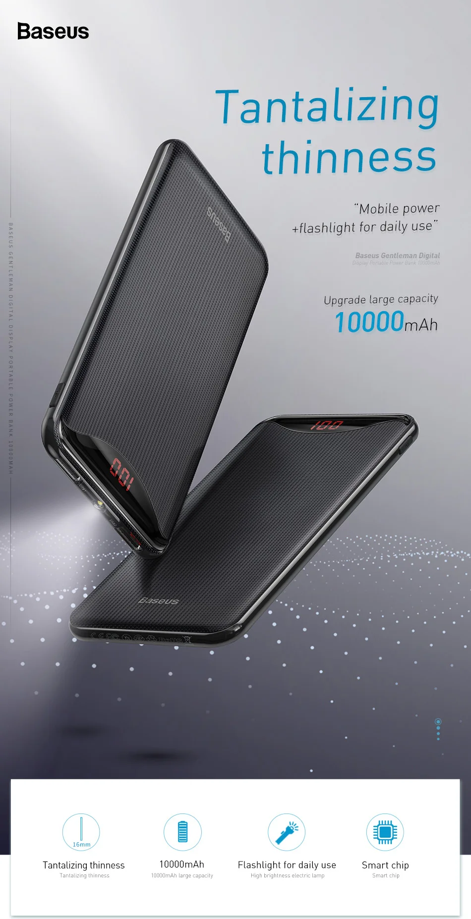 Baseus 10000mAh зарядное устройство для телефона для iPhone X samsung huawei Xiaomi фонарик цифровой дисплей power Bank два выхода Usb