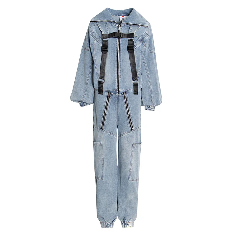 

Leisure street jumpsuits vogue of new fund of 2021 autumn hooded straight loose waist jeans jumpsuits