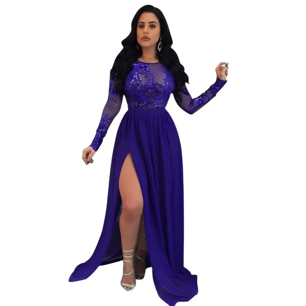 

High Quality Red Blue Maxi Dress 2021 New Arrival Women Sequined O-Neck Long Sleeve Sexy Floor-Length Knitting Bandage Dresses
