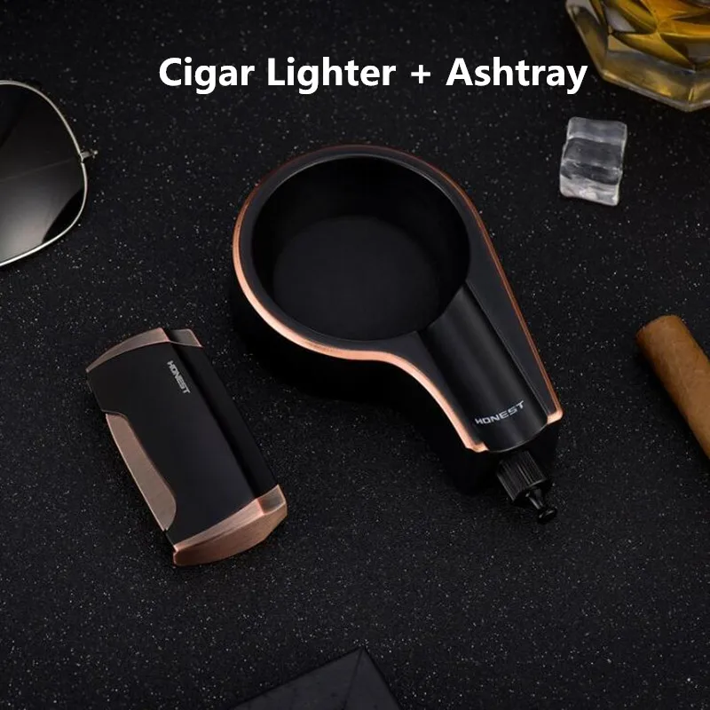 

New Cigar Lighter and Ashtray Gas Lighter Two Rush Blue flame Lighter Torch Turbo Windproof Cigarette Lighter Cigar hole cutter