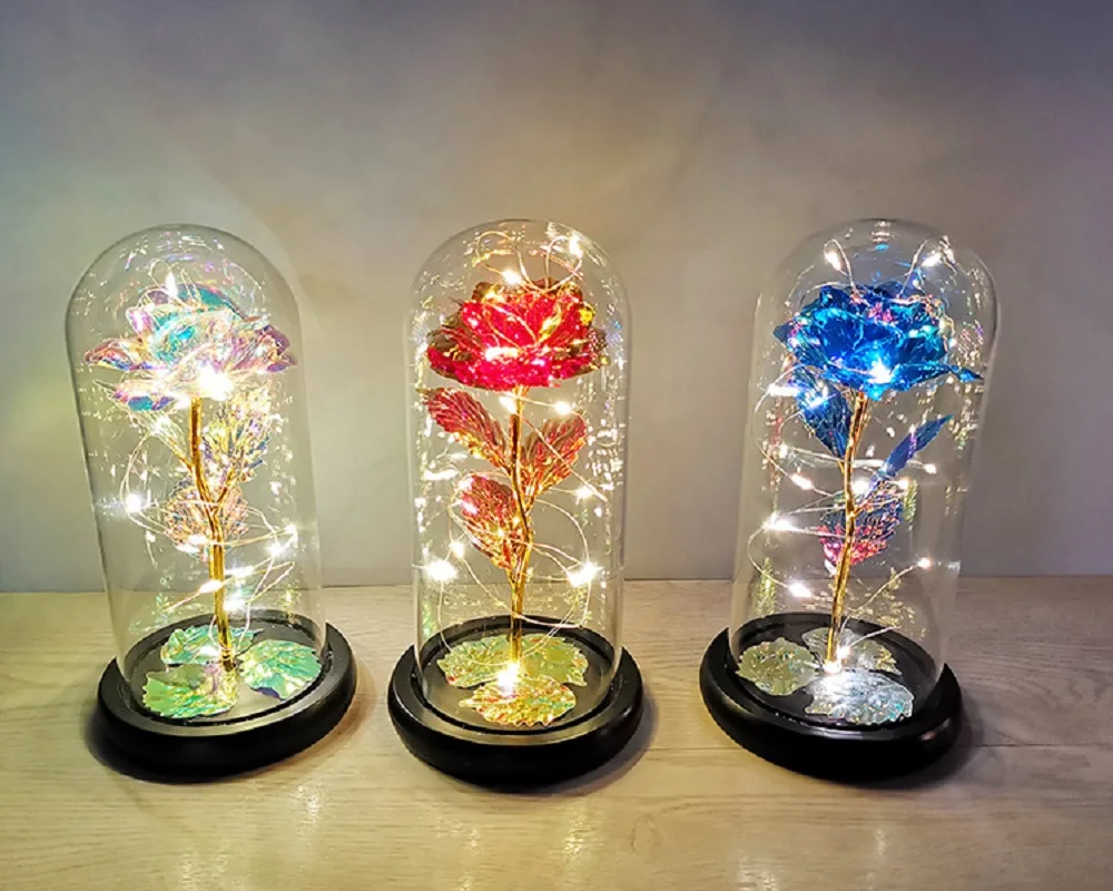 

Dropshipping Artificial Flowers Galaxy Rose Beauty and the Beast Rose LED Light In Glass Dome Birthday Wedding Gifts Home Decor