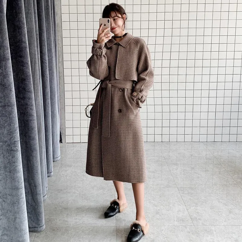 Женское шерстяное пальто в клетку повседневное Свободное длинное большого