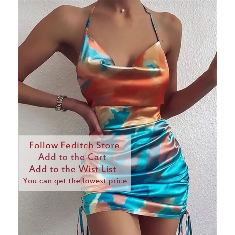 Женское атласное мини платье Ohvera облегающее на бретелях спагетти с V образным