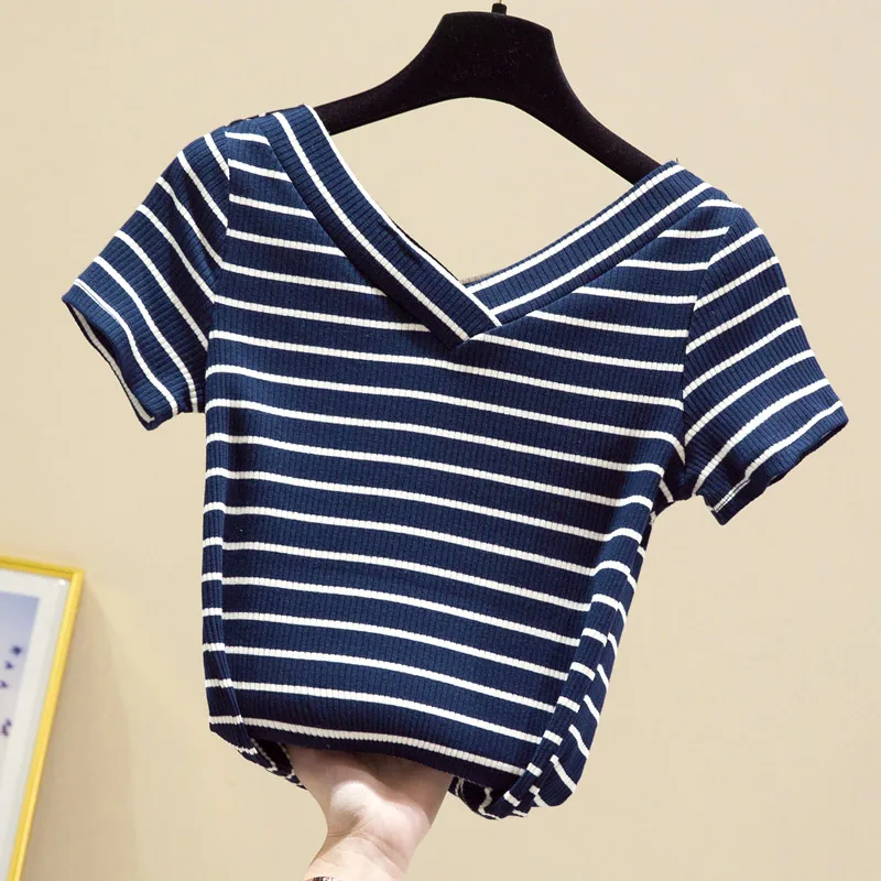 

Summer Women Cotton Short Sleeve T-Shirt Sexy V-Neck Knitting Striped T-Shirt Female Fashion Harajuku Slim Top Tee Plus Size