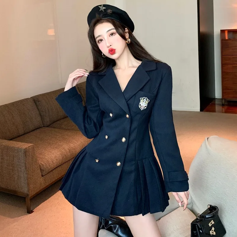 

High Quality Winter New Thicken Blazer Dress Women Retro Preppy Style Appliques Double-breasted Mini Pleated Dress Jacket Woman