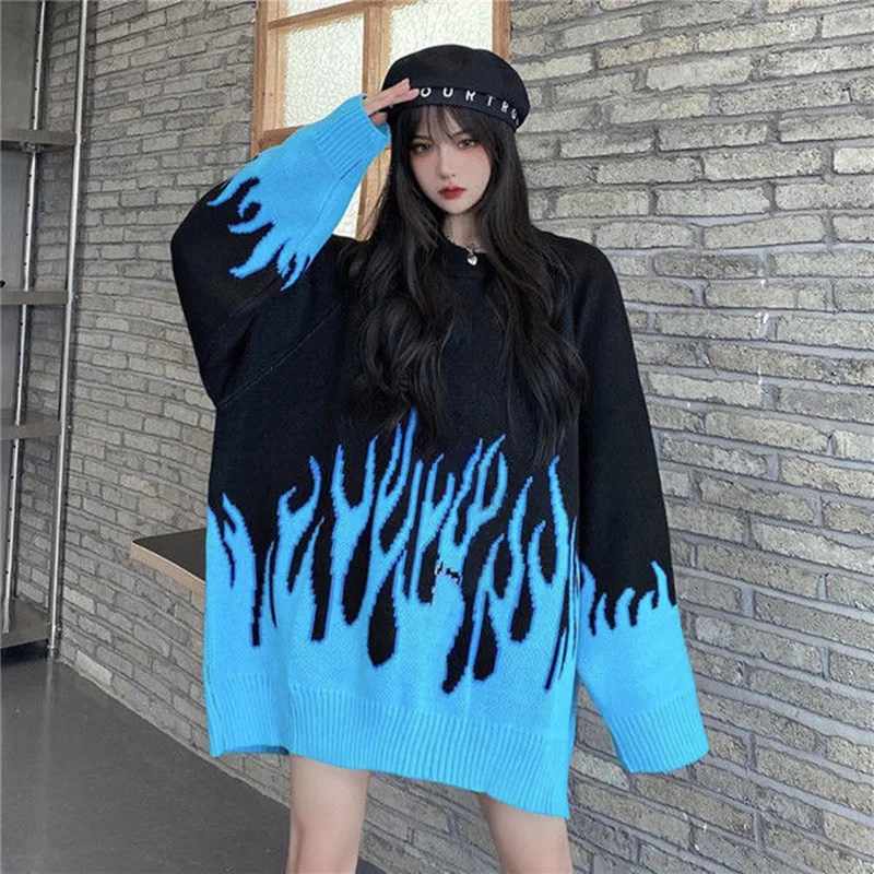 

2021 Casual spring new round neck loose sweater female flame jacquard sweater color matching loose hot selling sweater