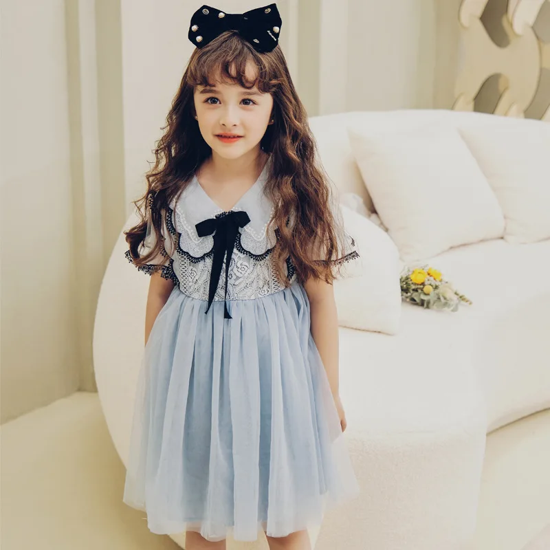 

2021 Summer Dress For Girls Little Princess Mesh Lace Knee Length Ball Gowns Children Fashion Wedding Party Light Dresses 3-14y