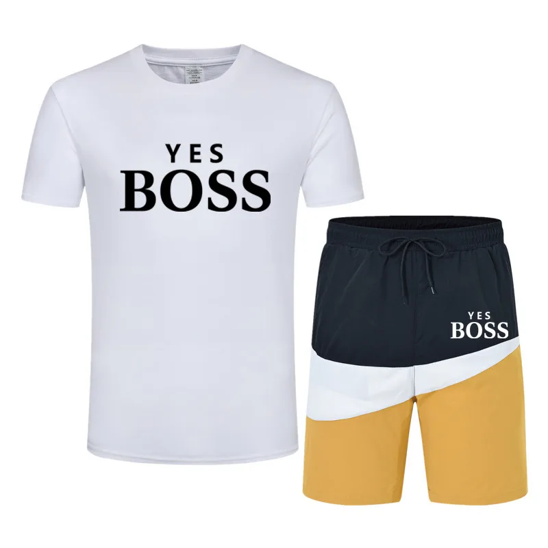 

2021 New Men's Casual Suit Style 2 Short Sleeve Set Yes Boss T-Shirt Shorts Set Men's Pure Cotton Print Summer Sportswear Set