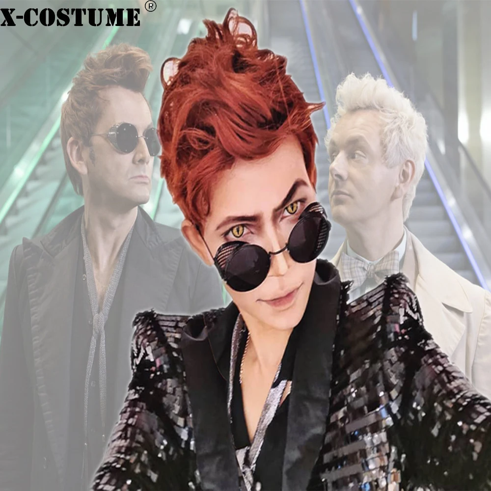 X-COSTUME Корона парик косплей демона парики оранжевый коричневый короткие вьющиеся волосы Aziraphale костюм аксессуары Хэллоуин Рождество