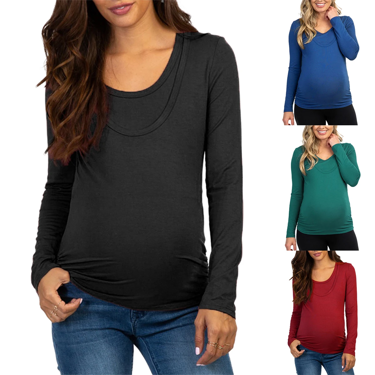 

Однотонная футболка для беременных с двойным круглым вырезом, топы с длинным рукавом, весна-осень, женские футболки для беременных