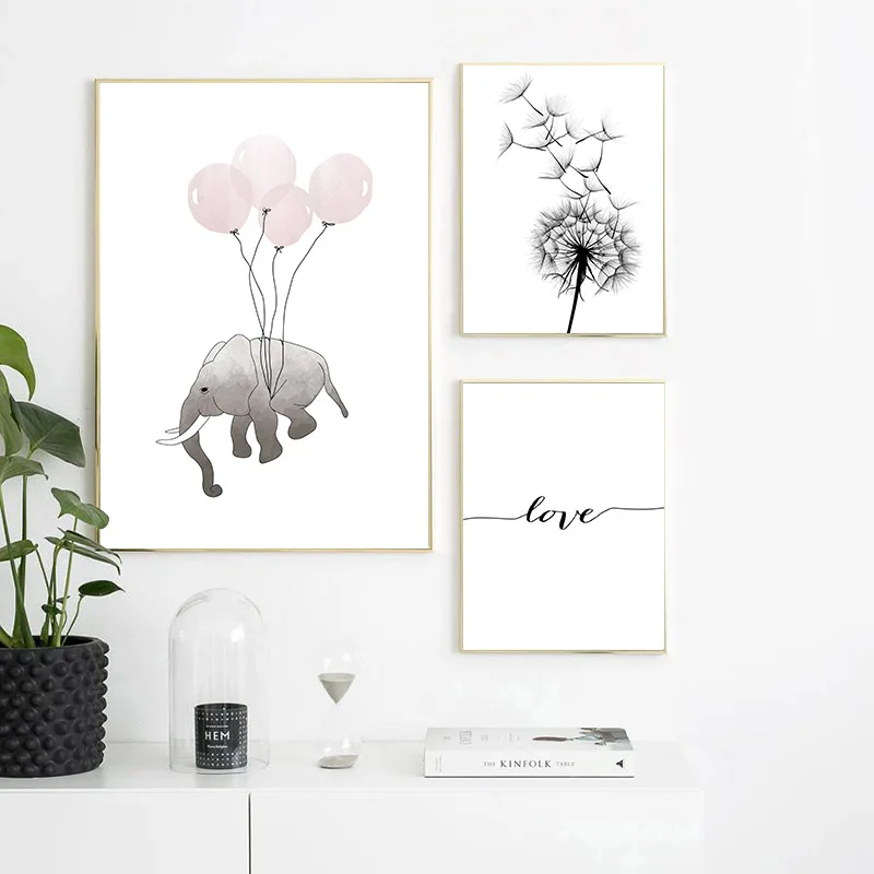 

Dandelion Botanical Elephant Scandinavian Poster Nordic Style Love Wall Art Canvas Print Painting Wall Picture for Living Room