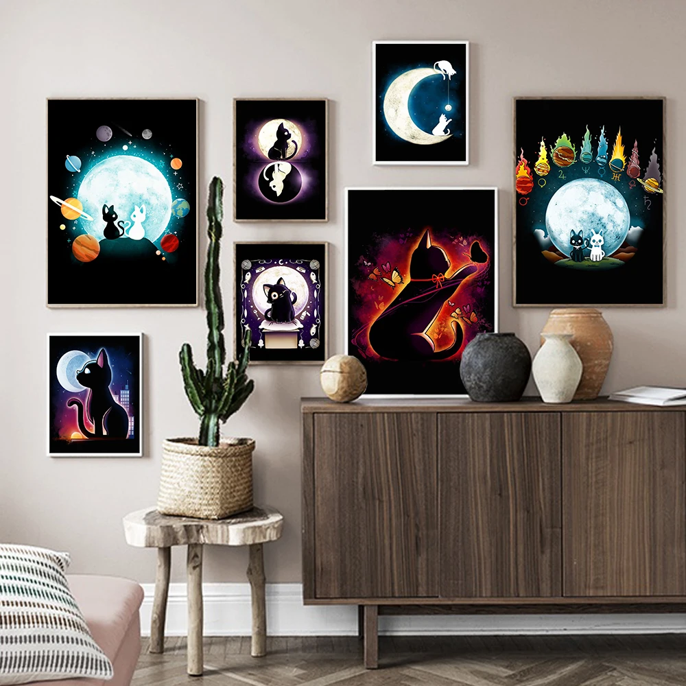 

Cat Moon Planets Cartoon Canvas Poster Print Cute Eclipse Cats Education Wall Art Picture Painting Modern Living Room Decoration