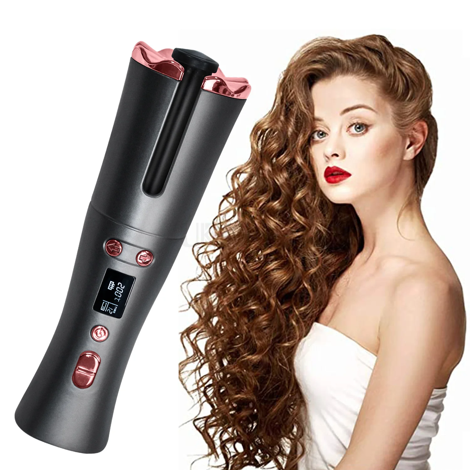 

Cordless Auto Hair Curler USB Rechargeable Curling Iron Automatic Rotation Ceramic Barrel Wand Hair Waver With LCD Display