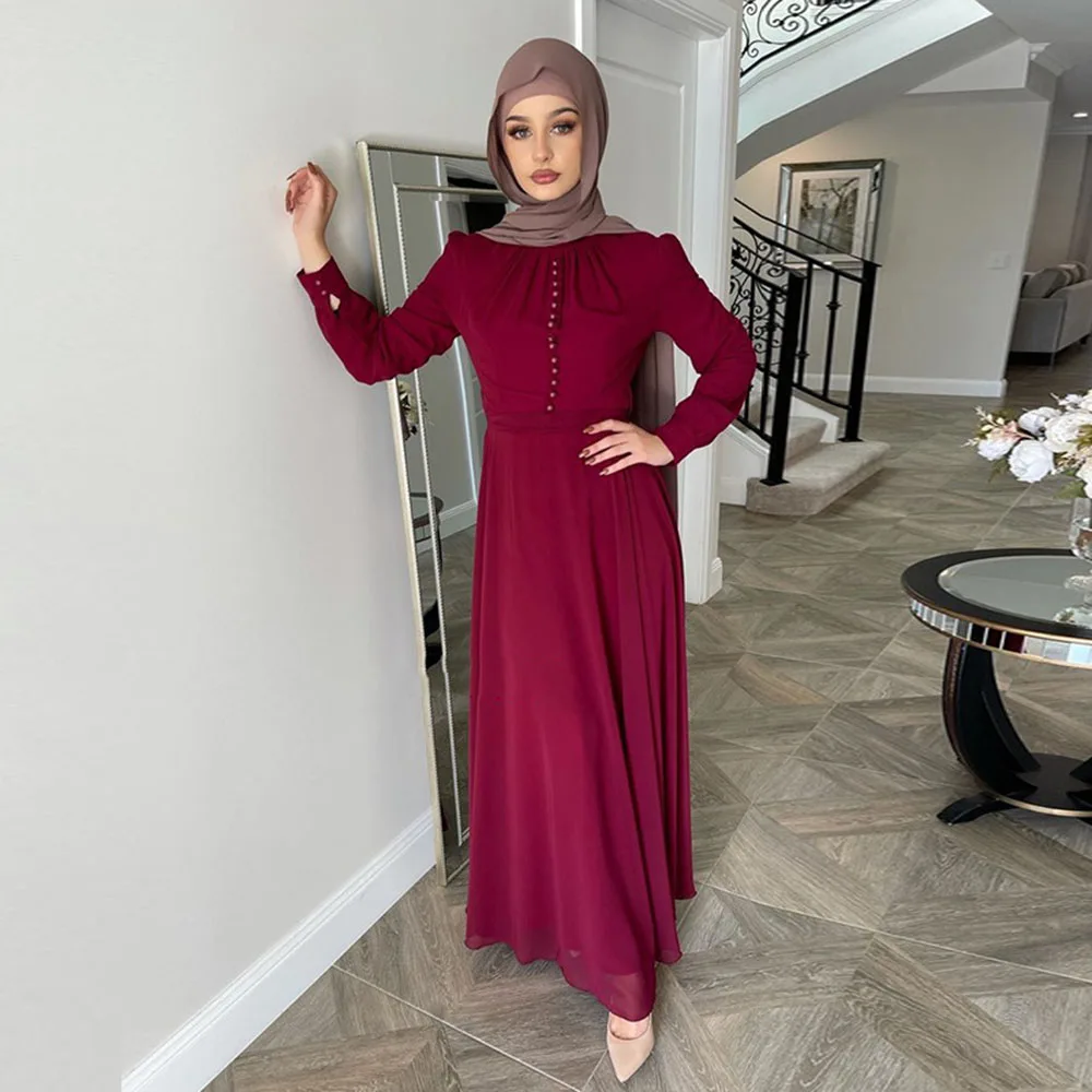 

2021 Women's Autumn New Dress Casual Fashion Trend Retro Style Long-sleeved Solid Color Muslim Middle Eastern Ethnic Dresses