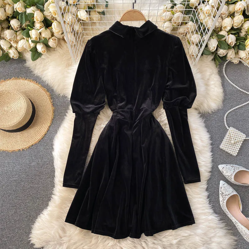 

Autumn Winter Black Velvet Mini Dress Women Elegant Turn-Down Collar Long Sleeve Mesh Hollow Out Party Vestidos Lady Fashion New