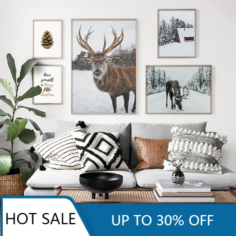 

Олень в снегу Зимнее дерево Скандинавская настенная Картина на холсте плакаты и принты настенные картины для гостиной украшение для дома п...