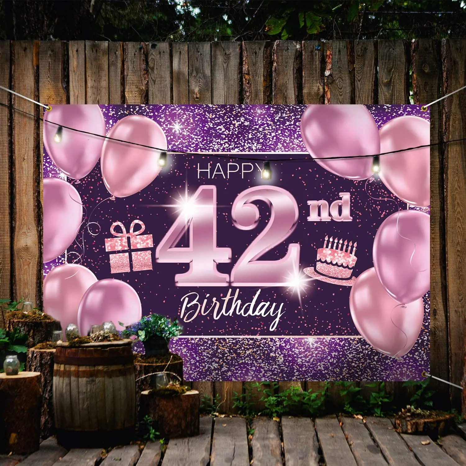 

Happy 42nd Birthday Banner Backdrop - 42 Birthday Party Decorations Supplies for Women - Pink Purple Gold