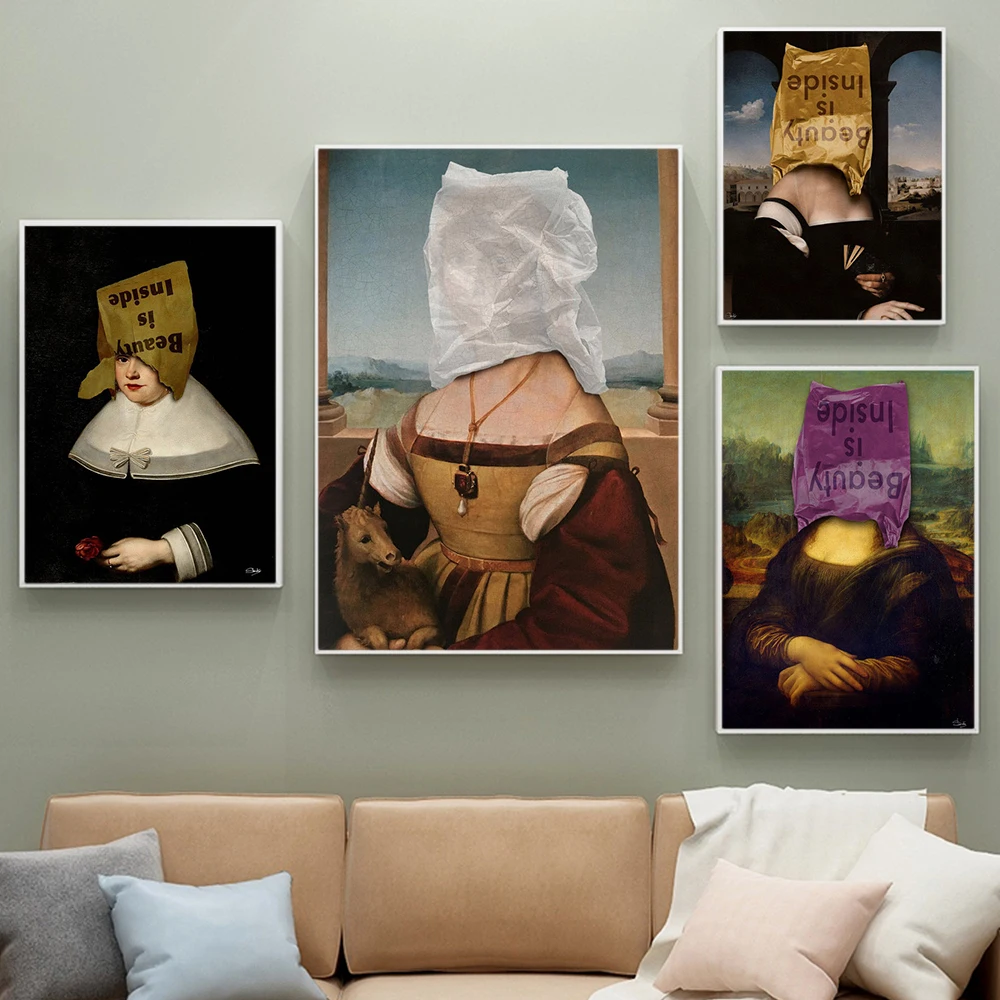 

Canvas Painting Mona Lisa Funny Art Poster and Prints Beauty Is Inside Wall Art Famous Da Vinci Art Pictures Living Room Decor